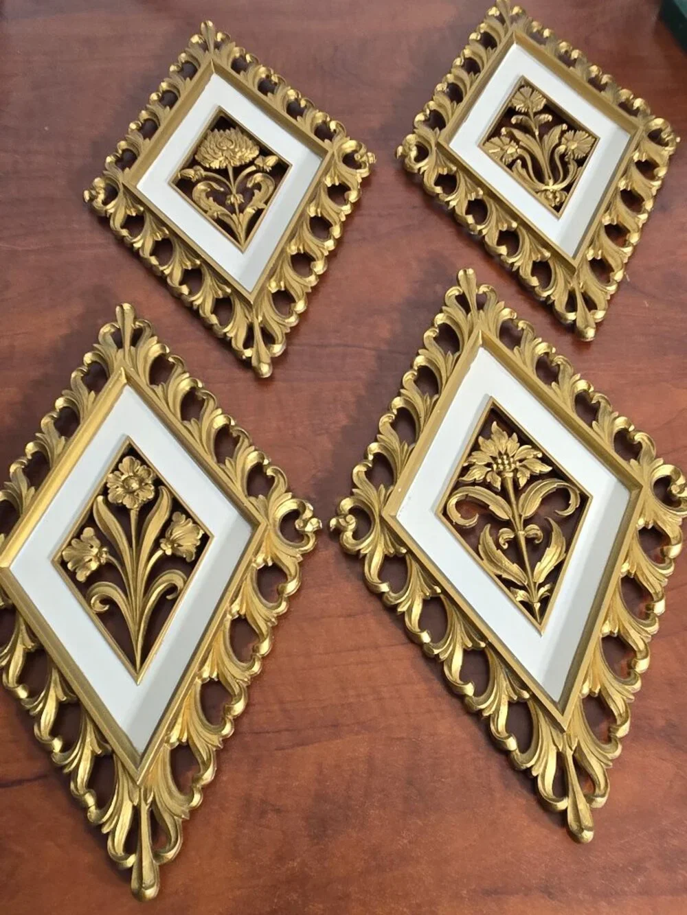 Vintage 1970s Homco Gold Diamond Floral Wall Art - Faux Wood Resin Set of 4